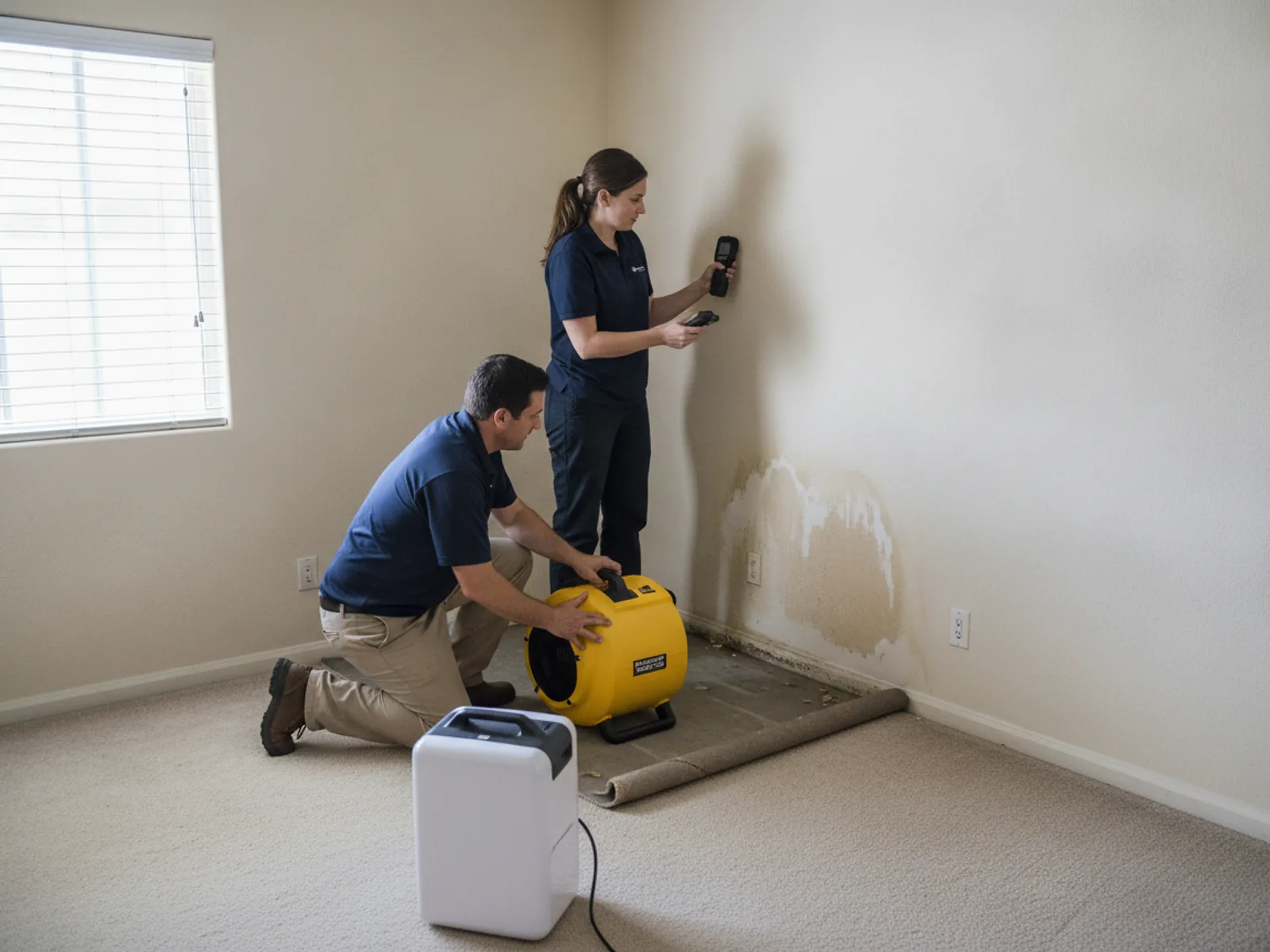Water damage restoration crew setting up drying equipment in a Los Angeles home